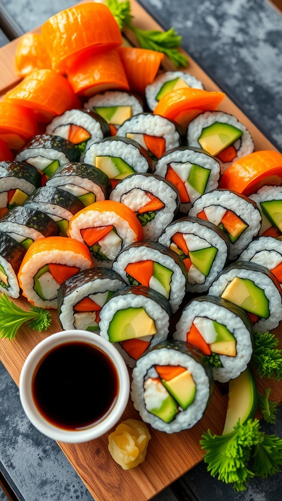 Colorful vegetable sushi rolls on a wooden platter with soy sauce and garnishes.
